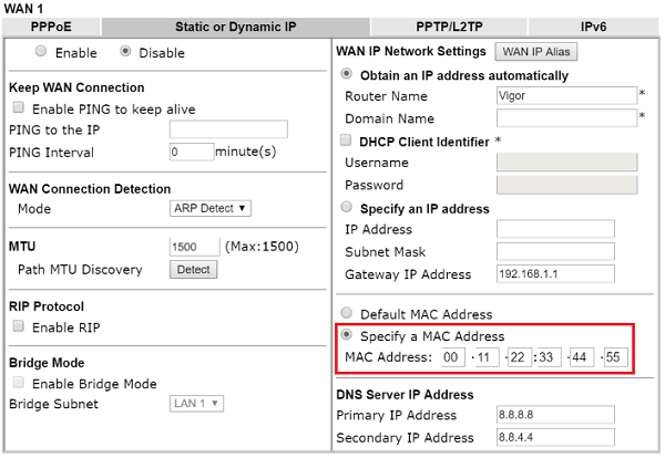a screenshot of DrayOS WAN Internet access Static or Dynamic IP tab